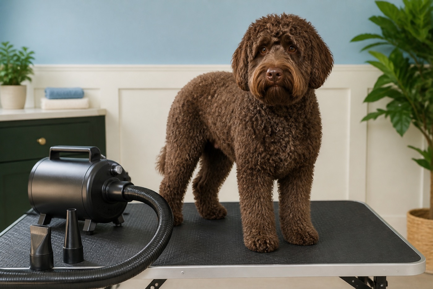 Labradoodle beside a high-velocity pet dryer and nozzle attachments