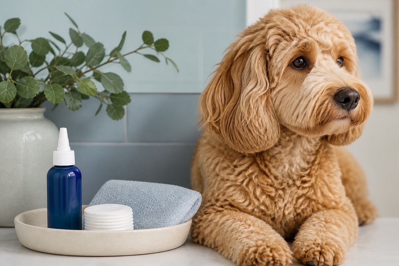 Goldendoodle beside veterinarian-approved ear-care supplies