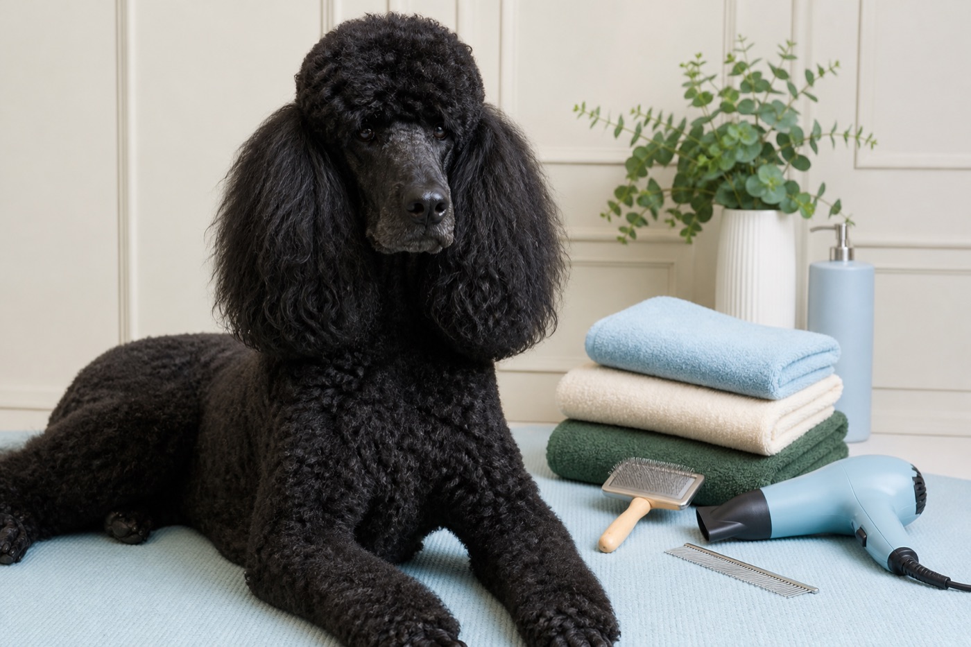 Standard Poodle beside a neatly arranged home grooming kit