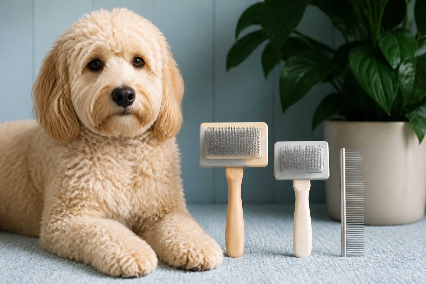 Goldendoodle beside two slicker brushes and a stainless steel comb
