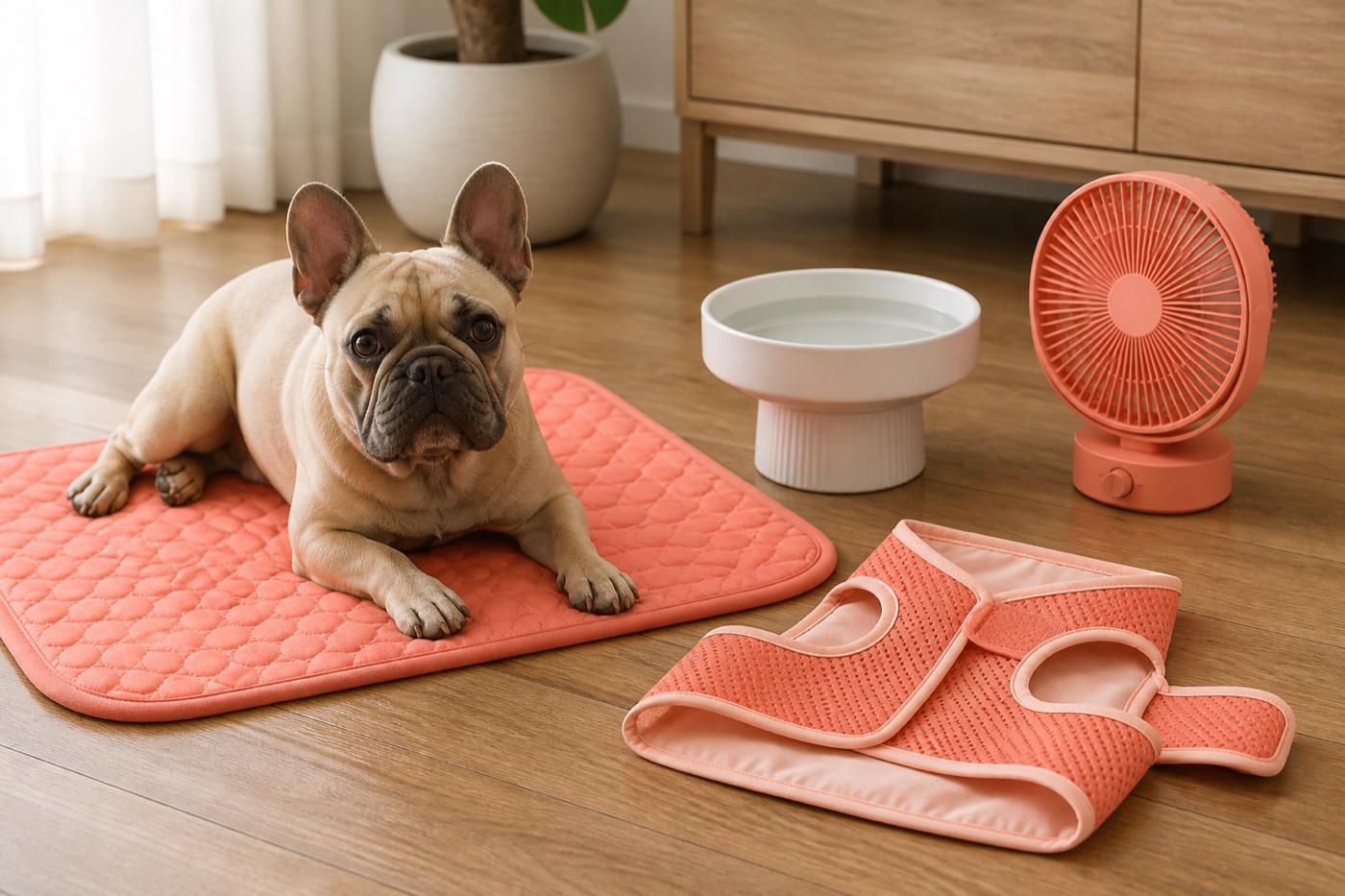 French Bulldog with a cooling mat, water bowl, fan, and cooling vest