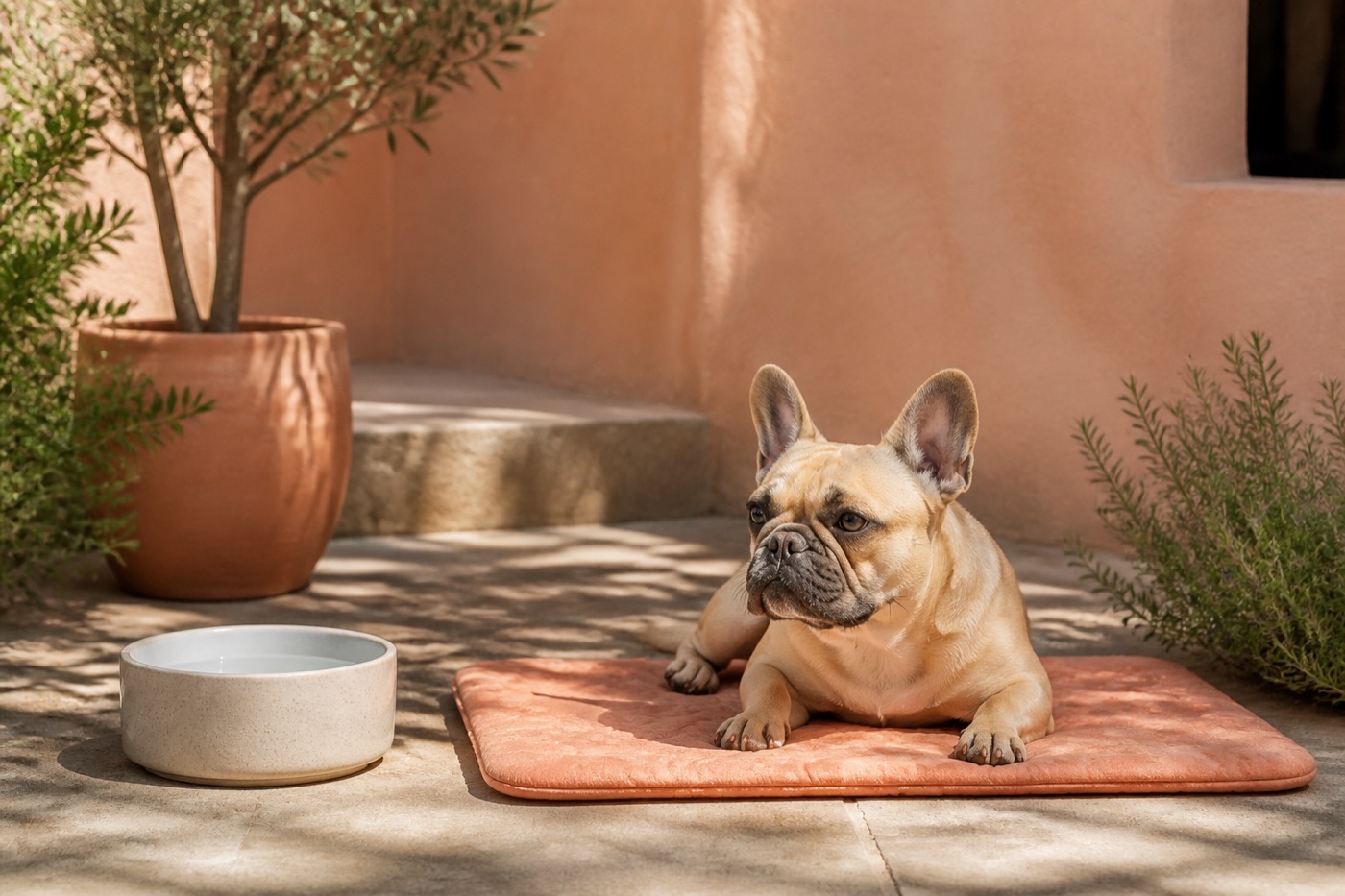 French Bulldog resting in shade on a cooling mat beside fresh water