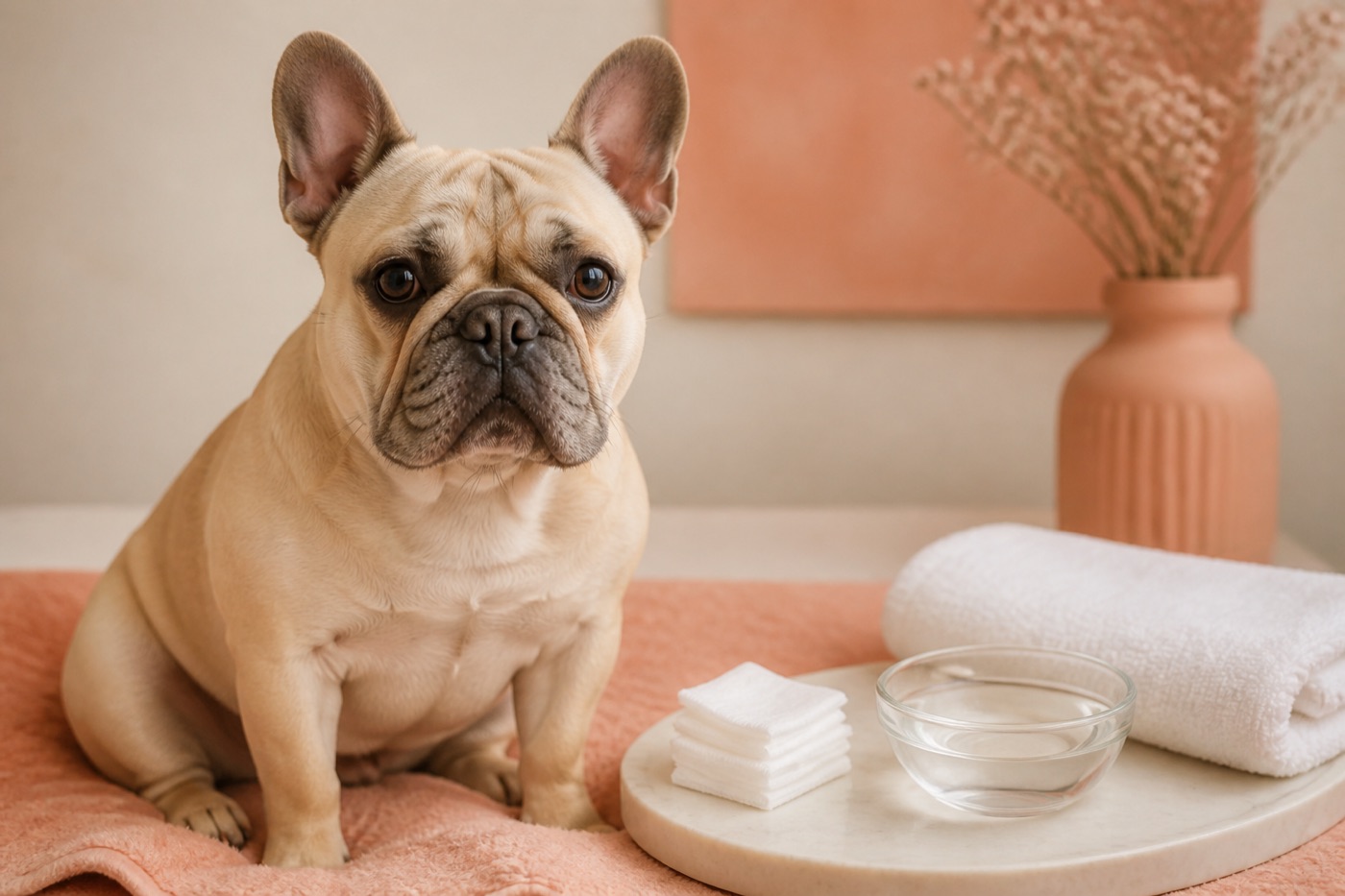 French Bulldog beside soft gauze, clean water, and a dry towel for wrinkle care