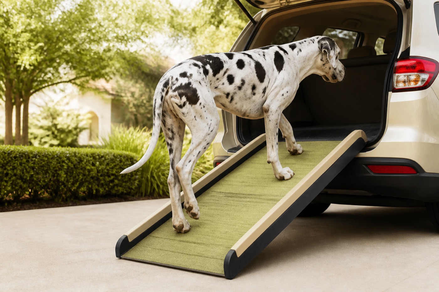 Great Dane using a wide nonslip ramp to enter an SUV