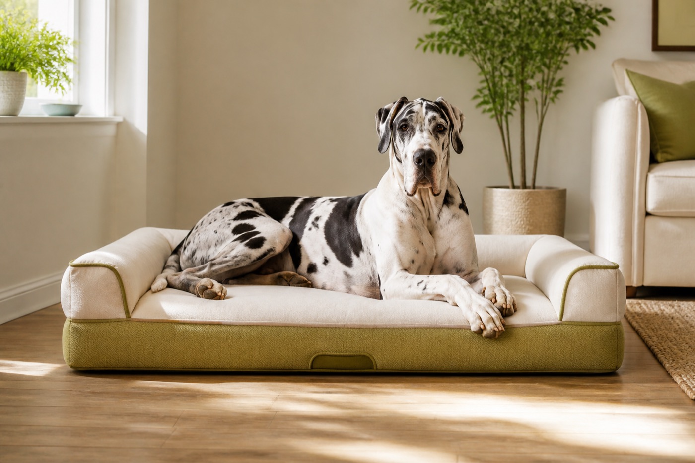 Great Dane resting on a supportive orthopedic dog bed