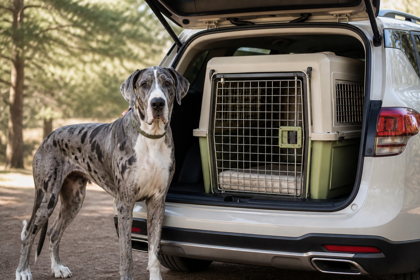 Great Dane beside a spacious travel crate secured in an SUV