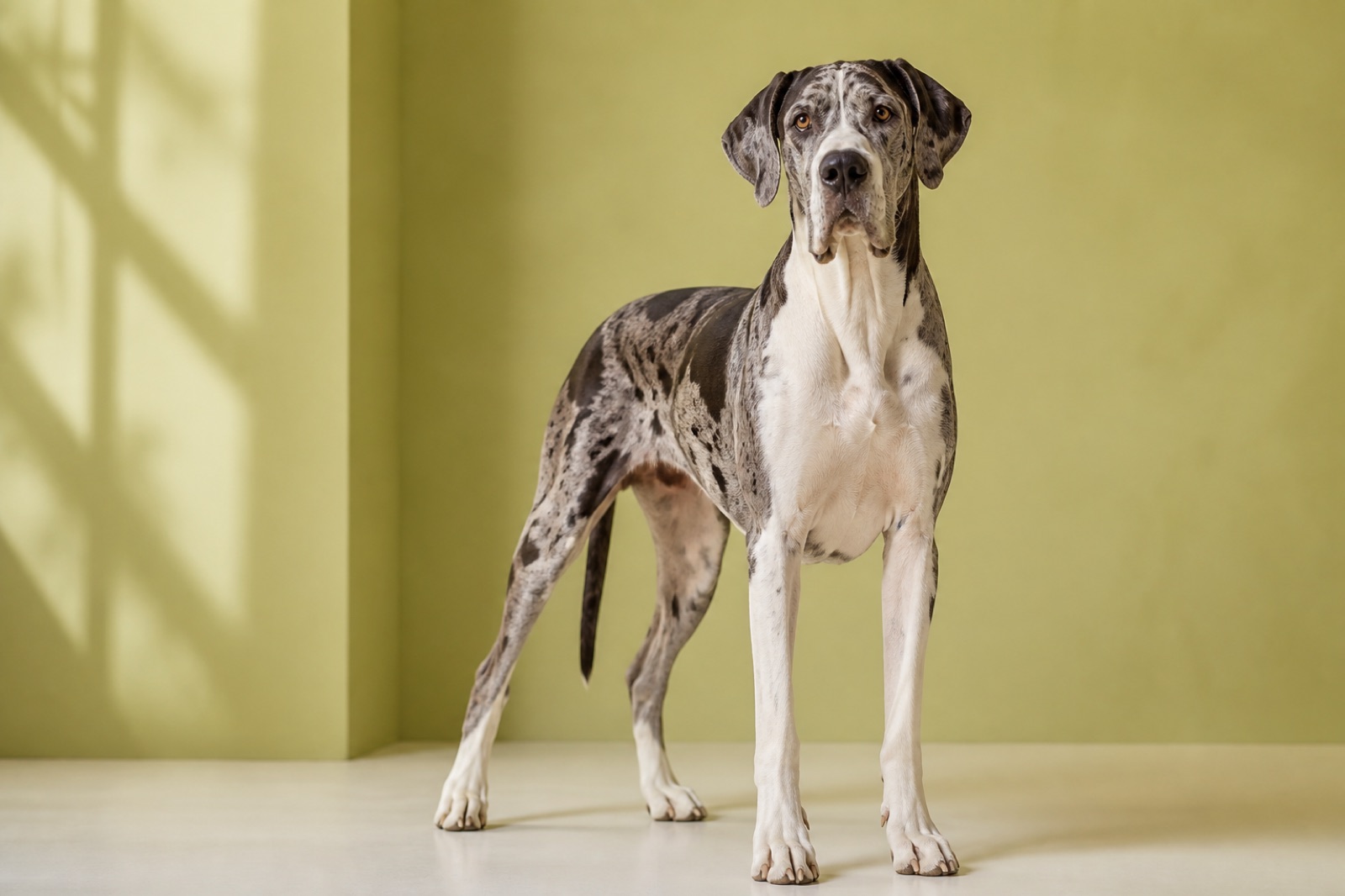 Great Dane standing calmly against a muted lime studio backdrop