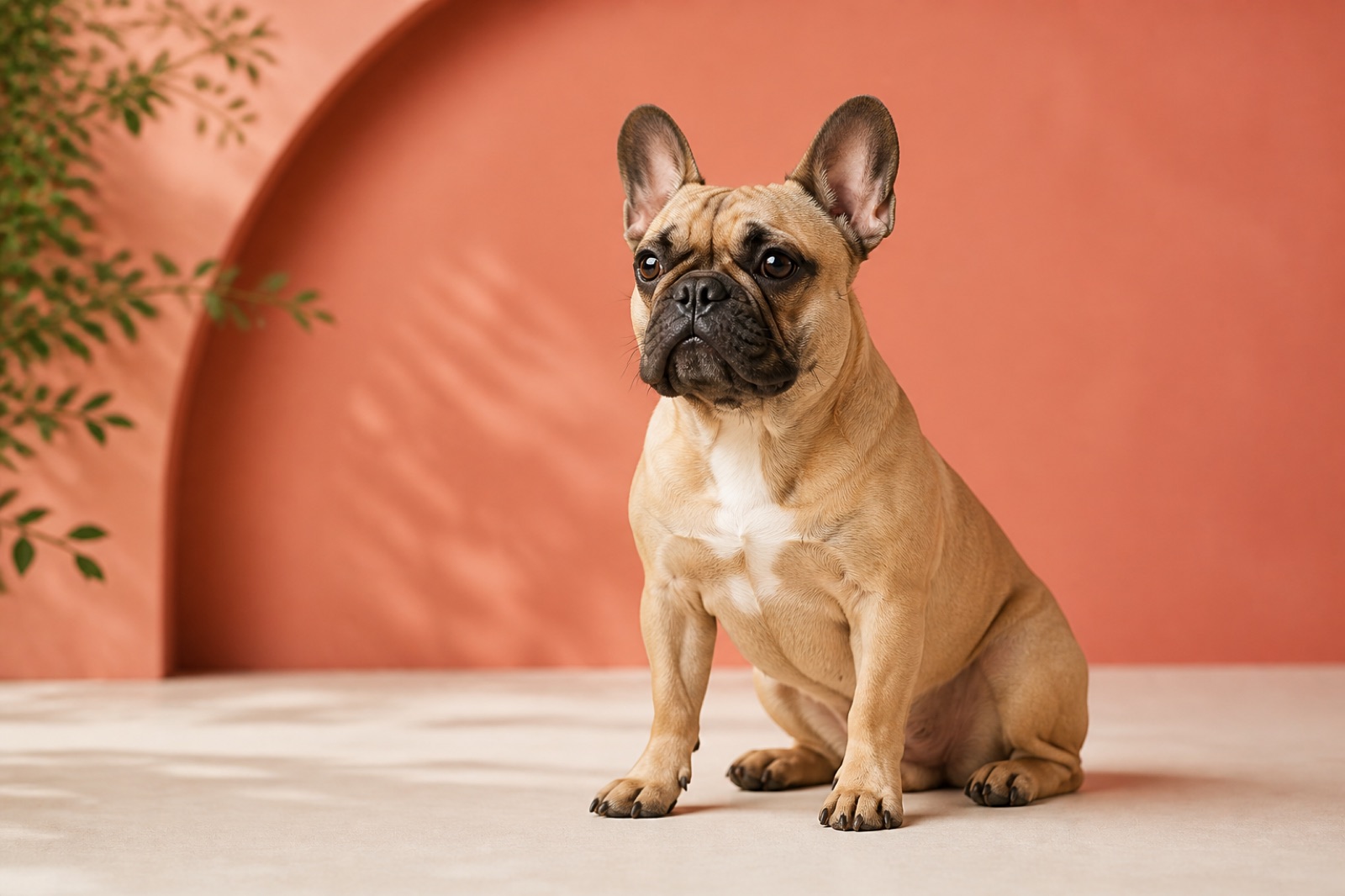 French Bulldog sitting calmly against a muted coral studio backdrop